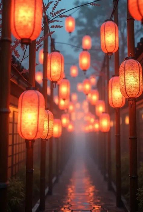 The s t r i n g s of papers lanterns  f e s t o o n e d between bamboo poles