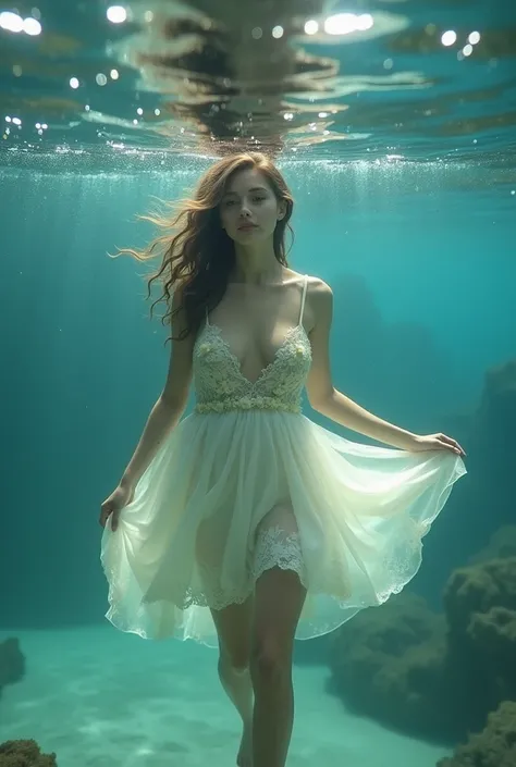 photography, underwater, woman in short dress with flower decorations, low-cut,