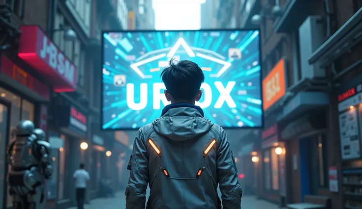 Asian male character stands in front of a large screen displaying a square logo with the words "UrBox", waiting for a sign of connection. Outfit: Silver tech vest, flashing LED lights around, wearing glasses. Setting: Narrow space, street filled with robot...