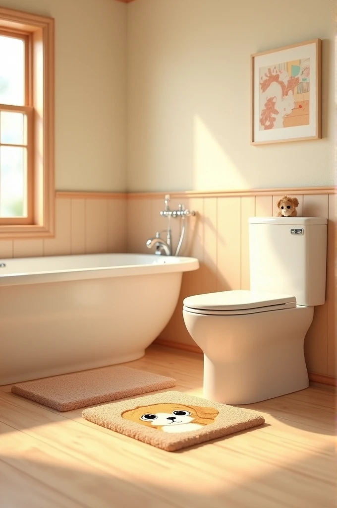 a bathtub，Simple bathroom with two toilets，Cute puppy floor mat