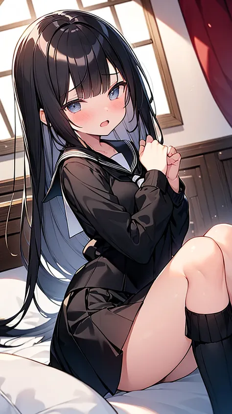 (Masterpiece, Top quality:1.5), nsfw, (dynamic angle:1.2), (1 beautiful girl, solo:1.2), ( lie on one’s back:1.2), on bed, (big eyes:1.2), (black sailor suit, black pleated skirt:1.2),  (black hair:1.3), long Hair, straight Hair, asymmetry bangs, swept ban...