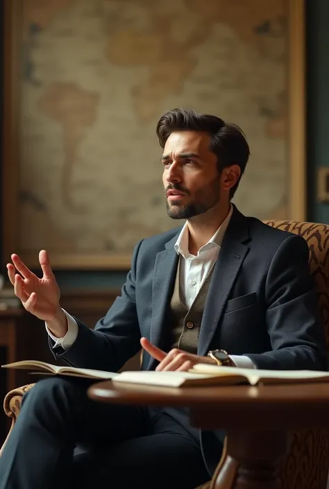 A fit man of 25 years age explaining about history by sitting on a chair with background of blur history background as a professor in forward direction in explaining posture