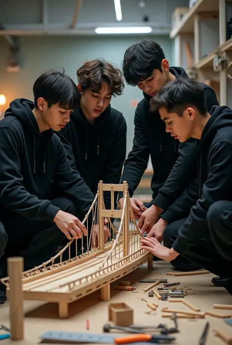 5 teenage boys making a model of a bridge dressed in black