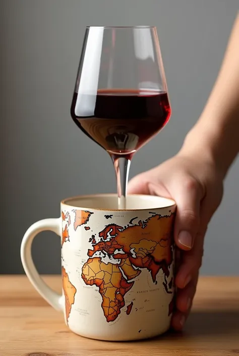 world map designed cup and someone put wine on it