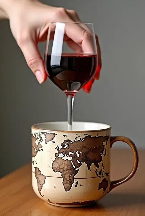 world map designed cup and someone put wine on it