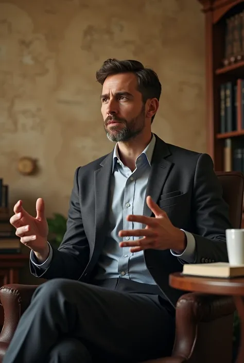 A fit man of 25 years age explaining about history by sitting on a chair with background of blur history background as a professor in forward direction in explaining posture