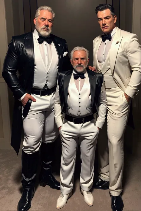 Three man 60 age man, muscular fat hairy body, hairy chest, thick chains collar, bdsm gears, leather harness, age 60, chubby muscle white men, opening formal suit, daddy, hairy bear belly, big dirty bulge pants
