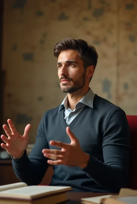 A fit man of 25 years age explaining about history by sitting on a chair with background of blur history background as a professor in forward direction in explaining posture