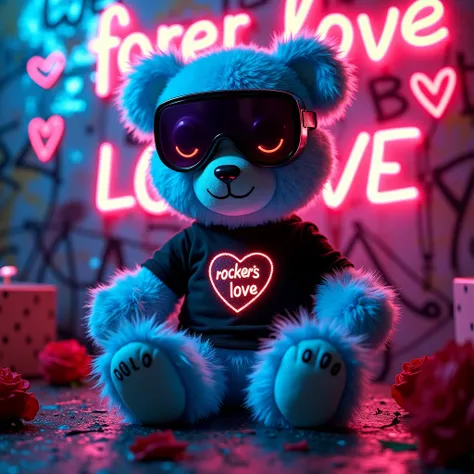 black top fashion large neon glow glasses punk syle bear fur toy sitting to the camera:: background neon words: ( forever love glowing letters will glow) :red hearts and XXX, neon graffiti background with hearts and lights sparkle hearts on the foots and r...