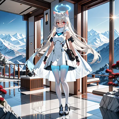 masterpiece, highest quality, highest resolution, clear_image, detailed details, white hair, long hair, 1 girl, cat ears, red eyes, futuristic halo, white sci-fi dress, white scarf (around the neck withn a light blue glow), white pantyhose, full body, no w...