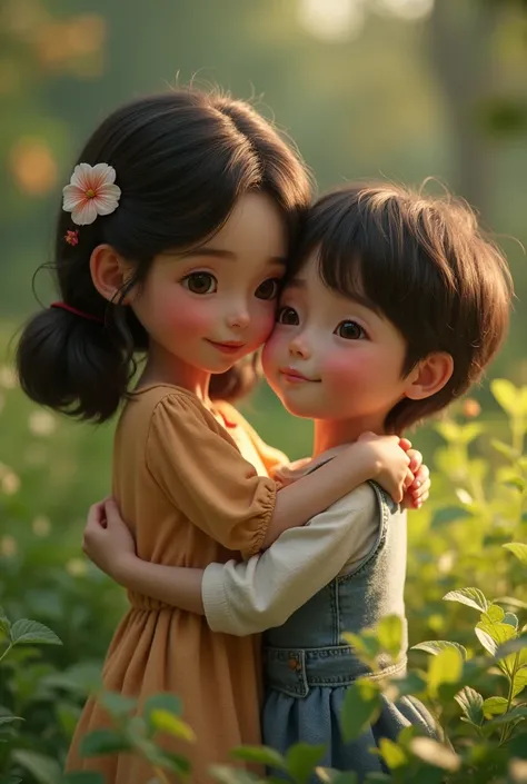 a girl and a boy hugging each other tenderly, detailed facial features, beautiful eyes, long eyelashes, warm embrace, intimate moment, soft skin, delicate clothing, natural lighting, serene garden background, lush greenery, photorealistic, highly detailed,...