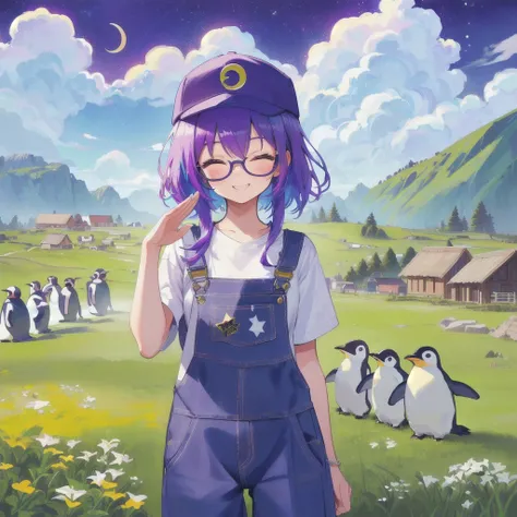 Purple haired girl with glasses wearing overalls, baseball cap, salute, crescent moon, flying baby monster, village in the grassland, small hut, lots of penguins, vibrant colorful effect, (1 person), high resolution, masterpiece, laughing out loud with eye...