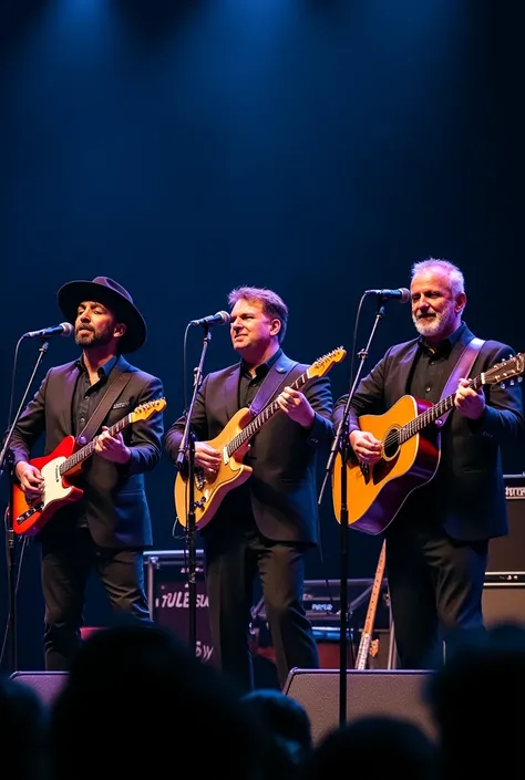 Trio of blues music band that writes Tony Balsam on the stage