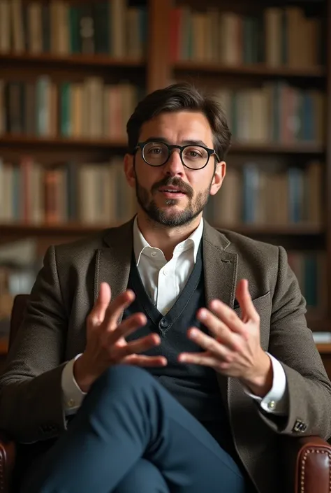 A fit man of 25 years age explaining about history by sitting on a chair with background of blur history background as a professor in forward direction in explaining posture camera angling forward direction