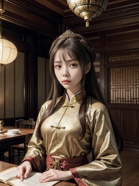 A beautiful young woman with a fierce expression, dressed in the dark brown dress of a Han Fu Dynasty official, stood holding a book in front of the emperor who was sitting at a table in the study. The room was decorated with luxurious patterns in the styl...