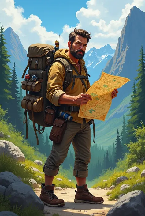 drawing of an adventurer with a map and a backpack