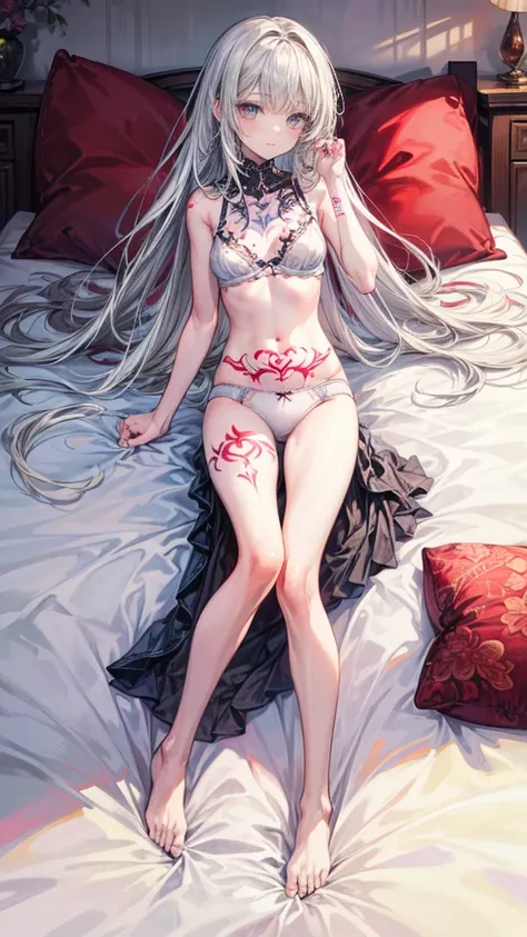 ((True best masterpiece, Ultimately perfect quality, Extremely delicate details)), ((Underwear, Tattoos)) A skinny girl with small bust, With barefoot, With many tattoos on her whole body