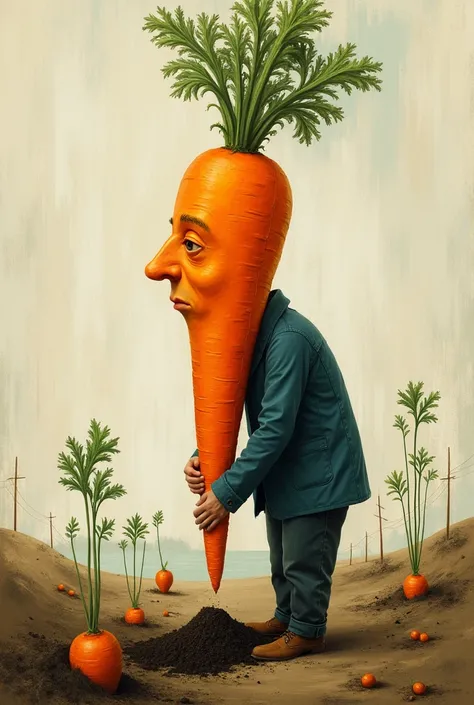 A man with a carrot head is digging a hole to plant his own carrot. abstract art