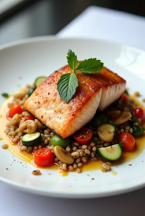 Salmon recipe with sautéed vegetables and amaranth 