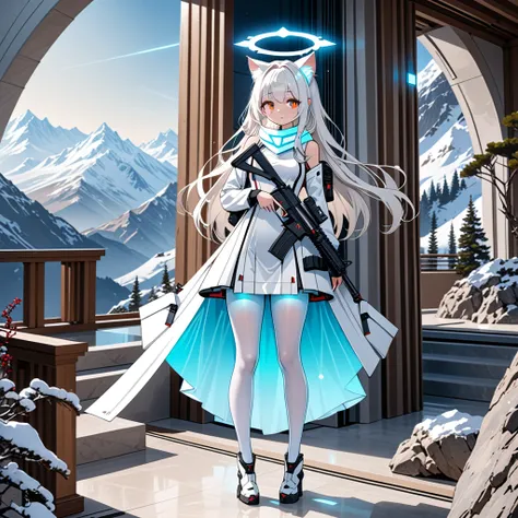 masterpiece, highest quality, highest resolution, clear_image, detailed details, white hair, long hair, 1 girl, cat ears, red eyes, futuristic halo, white sci-fi dress, white scarf (around the neck withn a light blue glow), white pantyhose, full body, no w...