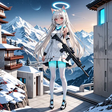 masterpiece, highest quality, highest resolution, clear_image, detailed details, white hair, long hair, 1 girl, cat ears, red eyes, futuristic halo, white sci-fi dress, white scarf (around the neck withn a light blue glow), white pantyhose, full body, no w...