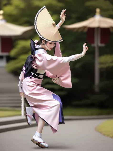 photo-realistic quality、a woman wearing a pale pink kimono and a hat is in the park,white sleeves、 traditional japanese kimono, ...