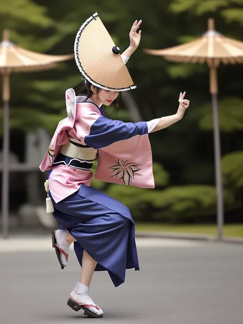 photo-realistic quality、a woman wearing a pale pink kimono and a hat is in the park,white sleeves、 traditional japanese kimono, ...