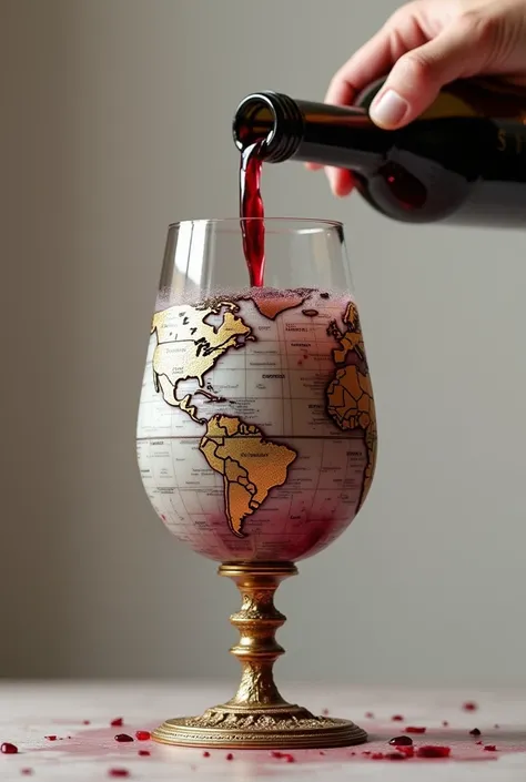 world map designed goblet and someone put wine on it from a bottle