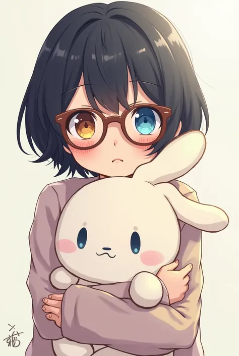 Odd eyes, short black hair, brown-rimmed round glasses, anime illustration, holding a stuffed rabbit