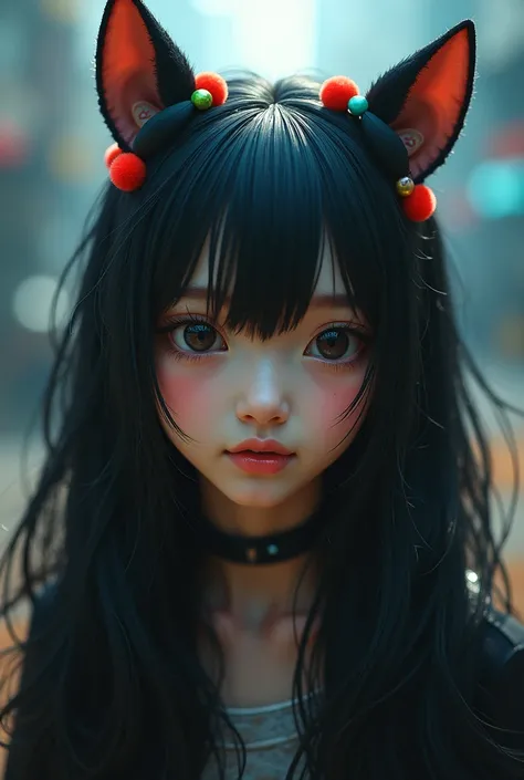 black hair, hair bobbles, wince, longeyelashes, solid circle eyes, fake animal ears, light smile, ear blush, fang, ccurate, Surrealism, drop shadow, anaglyph, stereogram, tachi-e, pov, atmospheric perspective, 8k, super detail, best quality