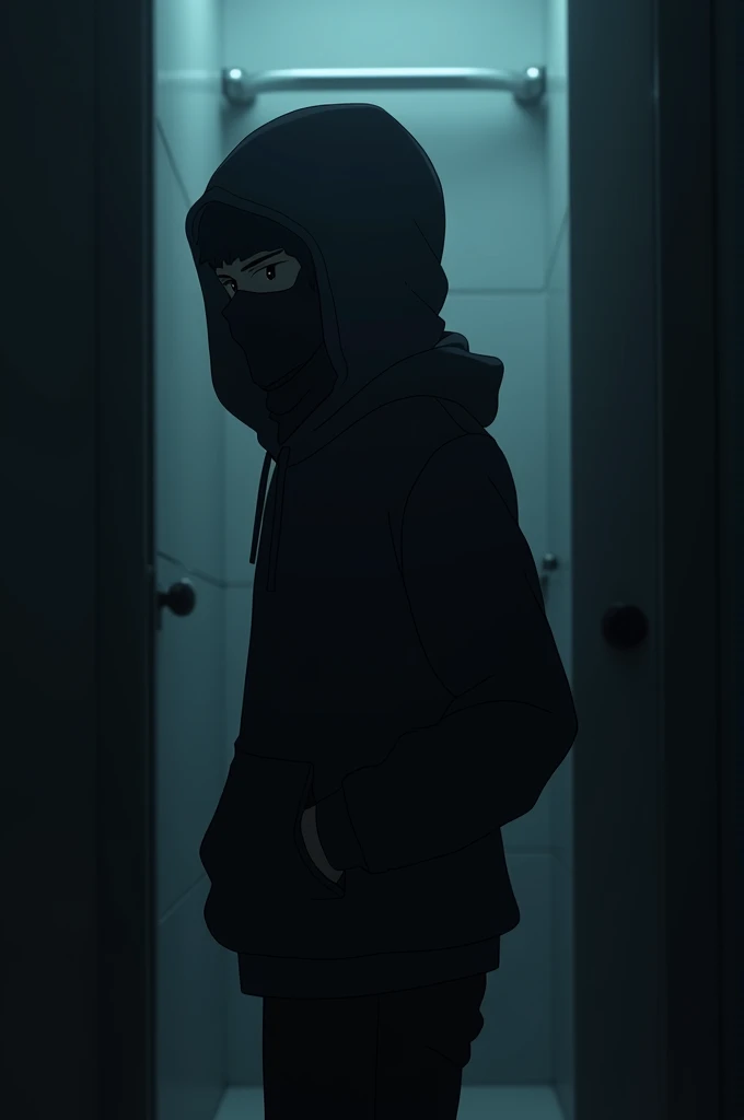 An anime style Shadowy figure, wearing a dark hoodie and ski mask, only partially visible character leaving a toilet