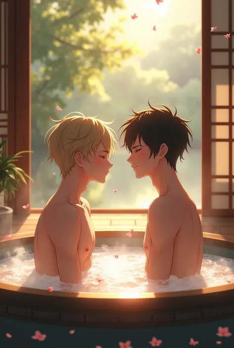 2 naked anime men bathing together in a bathtub