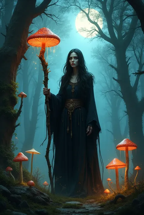 Humanoid woman mushroom dark mage at night in the forest RPG 