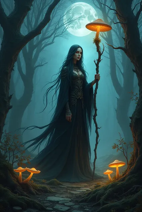 Humanoid woman mushroom dark mage at night in the forest RPG 