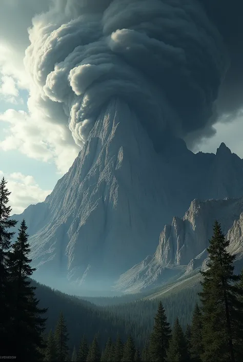 Create a realistic image of a tall, wide rocky mountain, como as de Yellowstone , with pine forests below, black clouds, low and furious like a pyroclastic flow emerge from behind the mountain and head towards the observer 