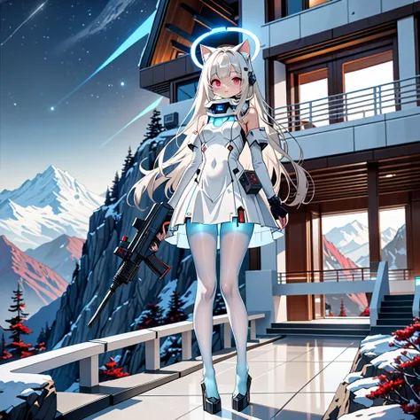 masterpiece, highest quality, highest resolution, clear_image, detailed details, white hair, long hair, 1 girl, cat ears, red eyes, futuristic halo, white sci-fi dress, white scarf (around the neck withn a light blue glow), white pantyhose, full body, no w...