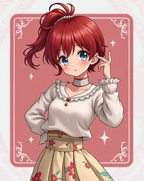 Using the female Saotome Ranma prototype, make a girl,Clear contours, Colorful full body photos, (Beautiful and delicate eyes), (pretty face:1.3), childish face, Red short hair with single ponytail, (Bangs), bumpy Bangs, blue gray eyes, big eyes，Big breast...