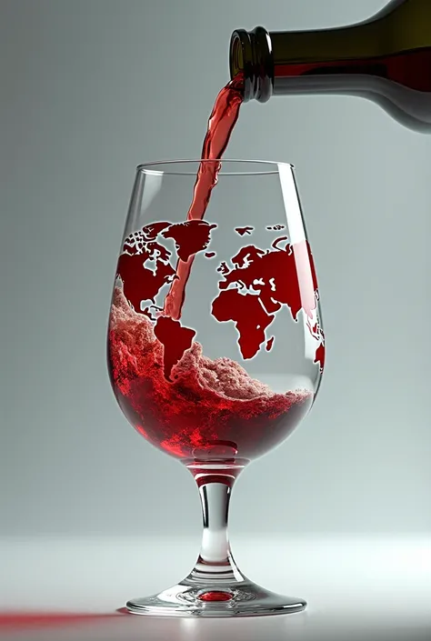 world map designed goblet and someone put wine on it from a bottle. realistic with live colours