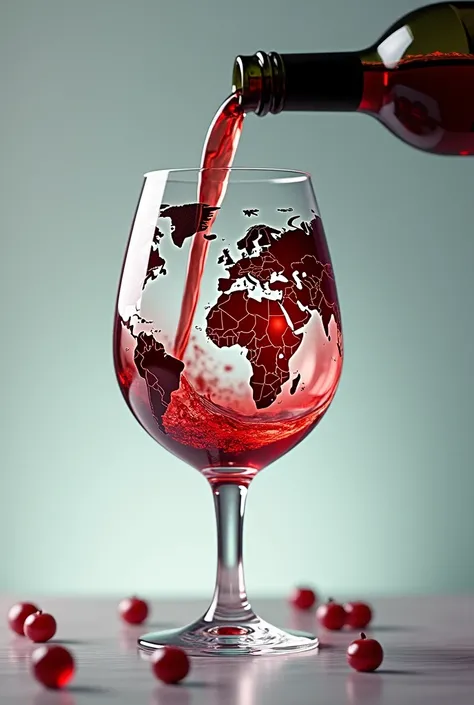 world map designed goblet and someone put wine on it from a bottle. realistic with live colours