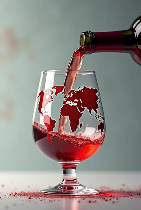 world map designed goblet and someone put wine on it from a bottle. realistic with live colours