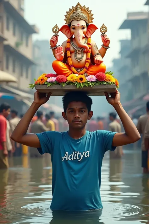 Create a Realistic 20 year old Guy carrying a statue of Lord Ganesha on his head. The statue is made of colorful flowers and is placed on top of a wooden platform. The Guy is wearing a Blue tshirt and is standing in a body of water. “Aditya” is written in ...