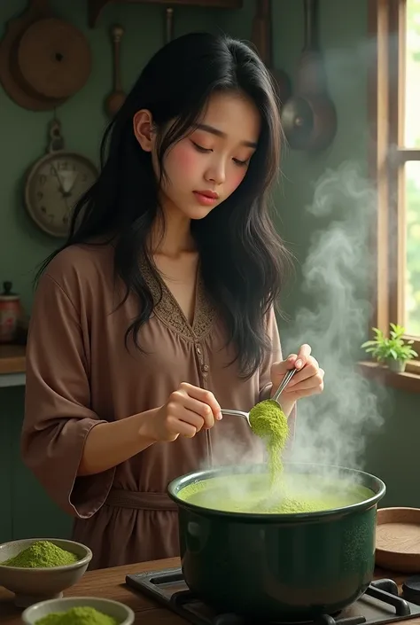 Malay girl freehair boiling water kratom powder supergreen use spoon