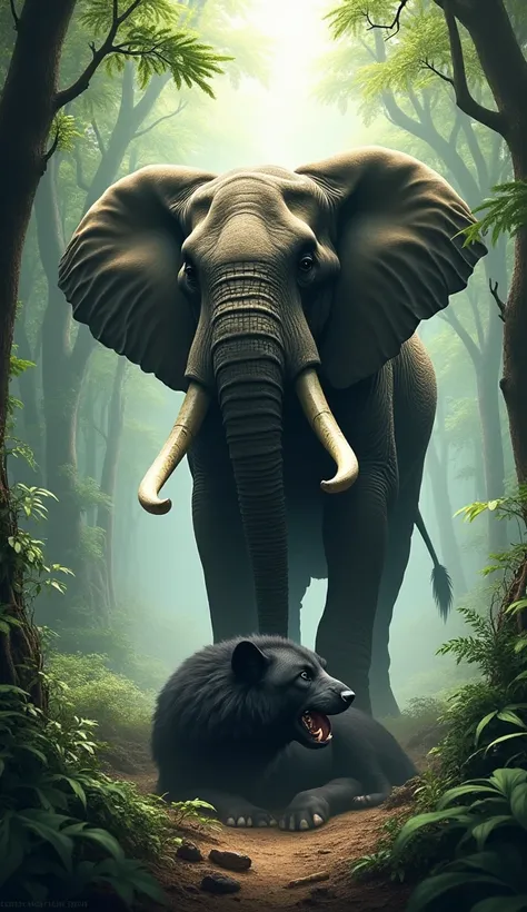 Elephant standing on a dead black wolf that it fought in a forest