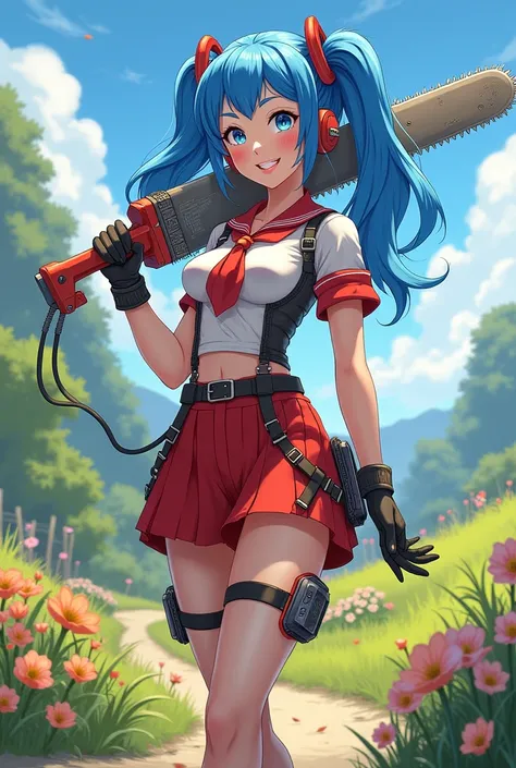 Beautiful blue-haired girl woman wired with electric saw whole cup wearing over duct showing red and white schoolgirl outfit soldier boot glove big smile voluminous breasts simple neckline slender body countryside landscape with flowers