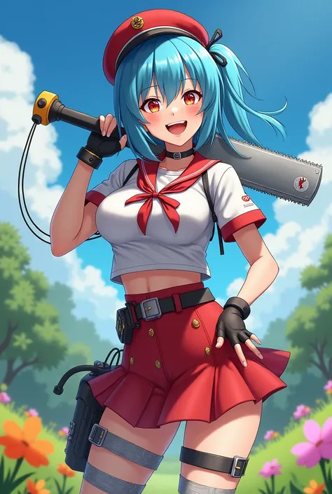 Beautiful blue-haired girl woman wired with electric saw whole cup wearing over duct showing red and white schoolgirl outfit soldier boot glove big smile voluminous breasts simple neckline slender body countryside landscape with flowers