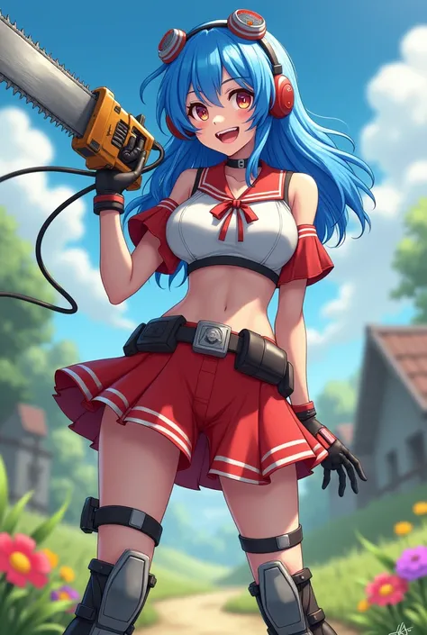 Beautiful blue-haired girl woman wired with electric saw whole cup wearing over duct showing red and white schoolgirl outfit soldier boot glove big smile voluminous breasts simple neckline slender body countryside landscape with flowers