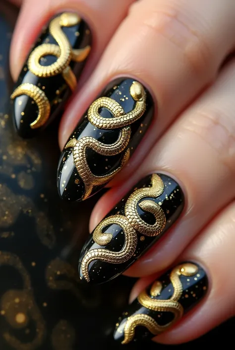 Make me nails inspored by gold snakes and 3d accents