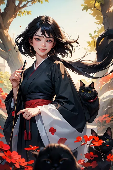 Bust-up of a beautiful black-haired woman in a kimono smiling while holding a black cat