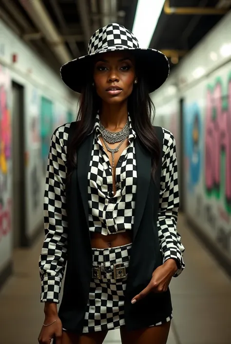 A photo of a gorgeous female hip hop rapper in NYC posing in the latest fashion. She is wearing a black and white checkered shirt, a black vest, and a black and white striped skirt. She also wears a black and white checkered hat. She is wearing jewelry tha...