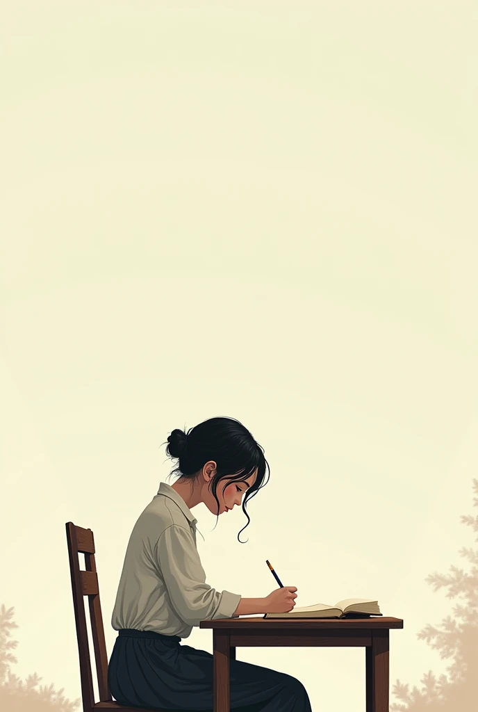 Girl writing a book on table in a outdoor a, blank sky grapics, ling view